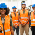Multiracial team of engineers working together in a robotics factory, a female engineer holding a tablet is leading the team